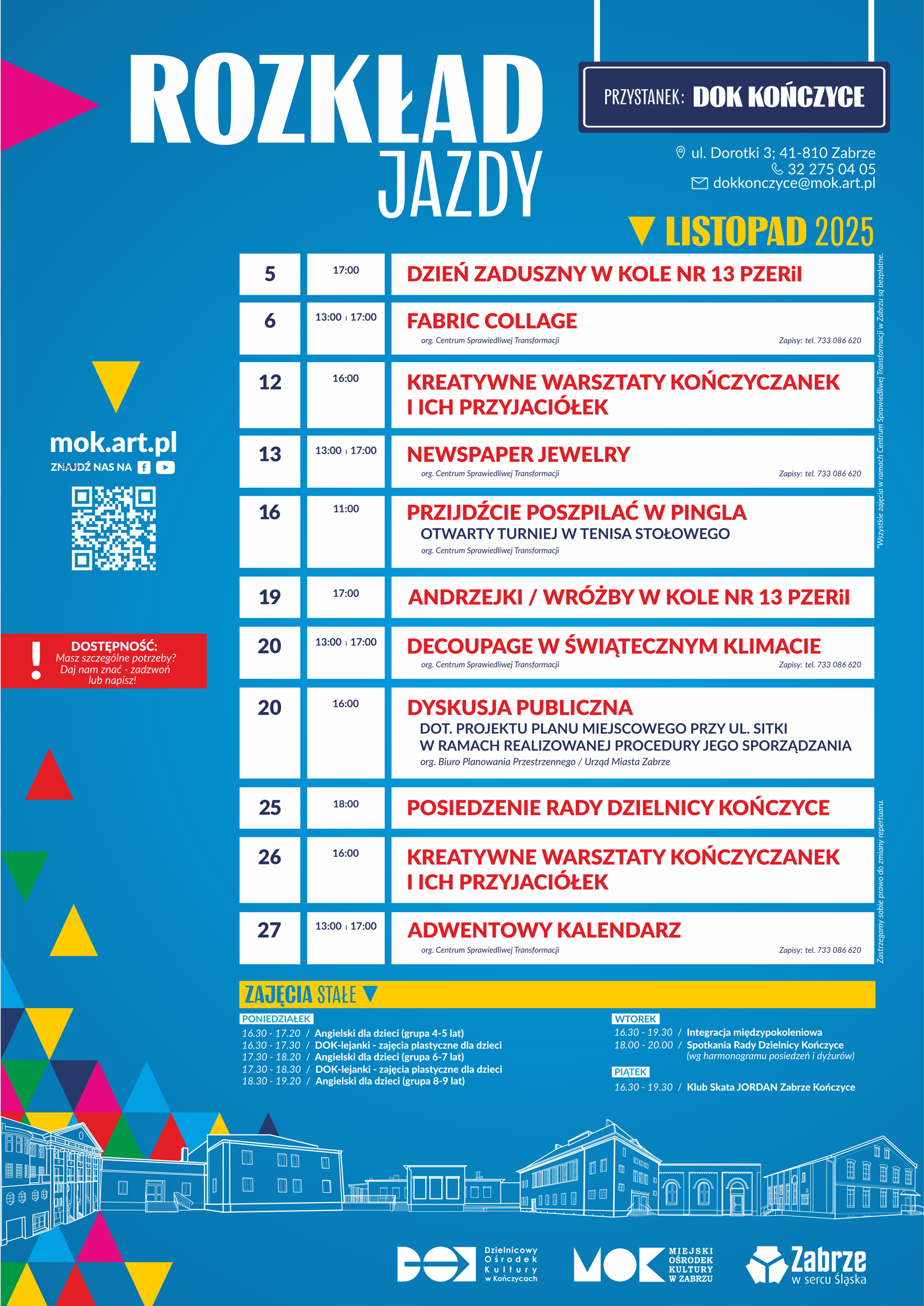 plakat z informacjami o wydarzeniach w DOK Kończyce w listopadzie 2025